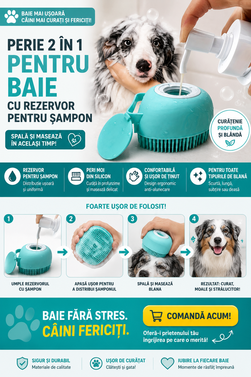 Perie Dus Silicon cu Rezervor Sampon Integrat – Autocuratare, Detangling, Caini si Pisici