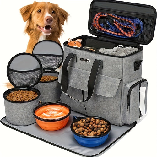 Geantă Voiaj pentru Câini și Pisici – Aprobată Aeroport, 2 Boluri Pliabile + 2 Recipiente Hrană, 40x35x16cm