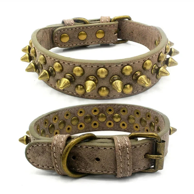 Zgardă din piele cu ținte metalice pentru câini – stil retro, rase mici-mari