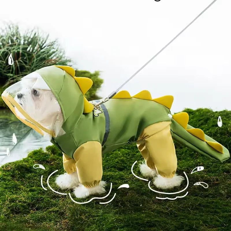 Pelerina Ploaie Dinozaur pentru Caini Mari – Impermeabila, 4 Picioare, cu Coada 3D