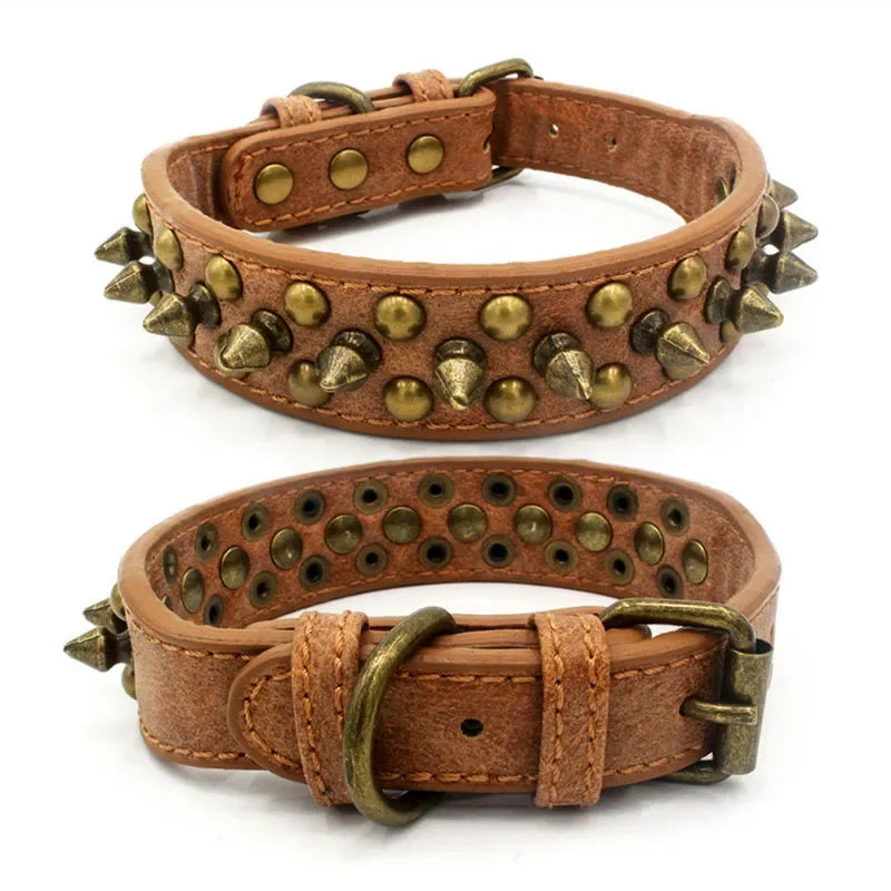 Zgardă din piele cu ținte metalice pentru câini – stil retro, rase mici-mari