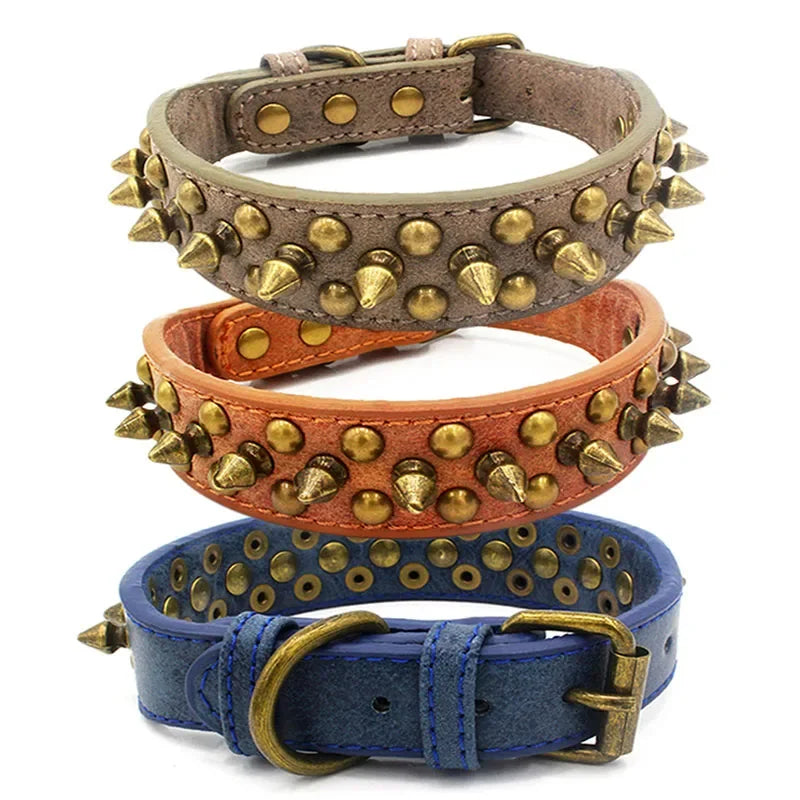Zgardă din piele cu ținte metalice pentru câini – stil retro, rase mici-mari