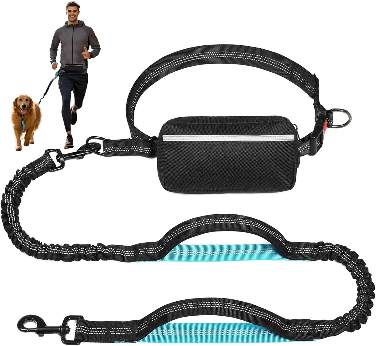 Lesă de Alergare Hands-Free pentru Câini Medii și Mari – Bungee Absorbant de Șoc, Buzunar cu Fermoar