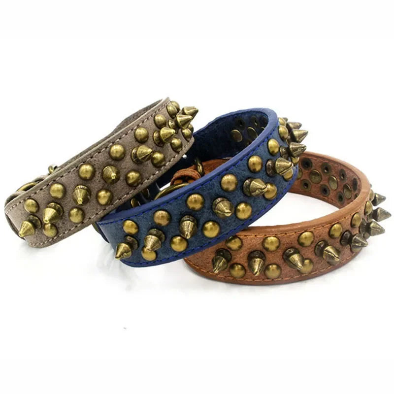 Zgardă din piele cu ținte metalice pentru câini – stil retro, rase mici-mari