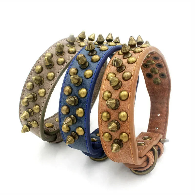 Zgardă din piele cu ținte metalice pentru câini – stil retro, rase mici-mari