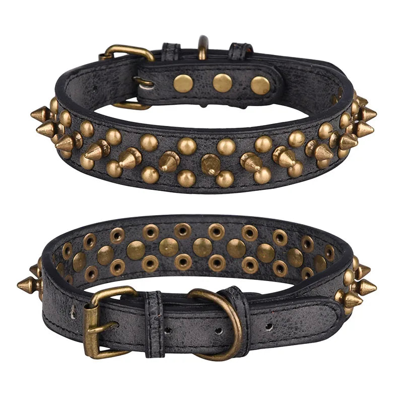 Zgardă din piele cu ținte metalice pentru câini – stil retro, rase mici-mari