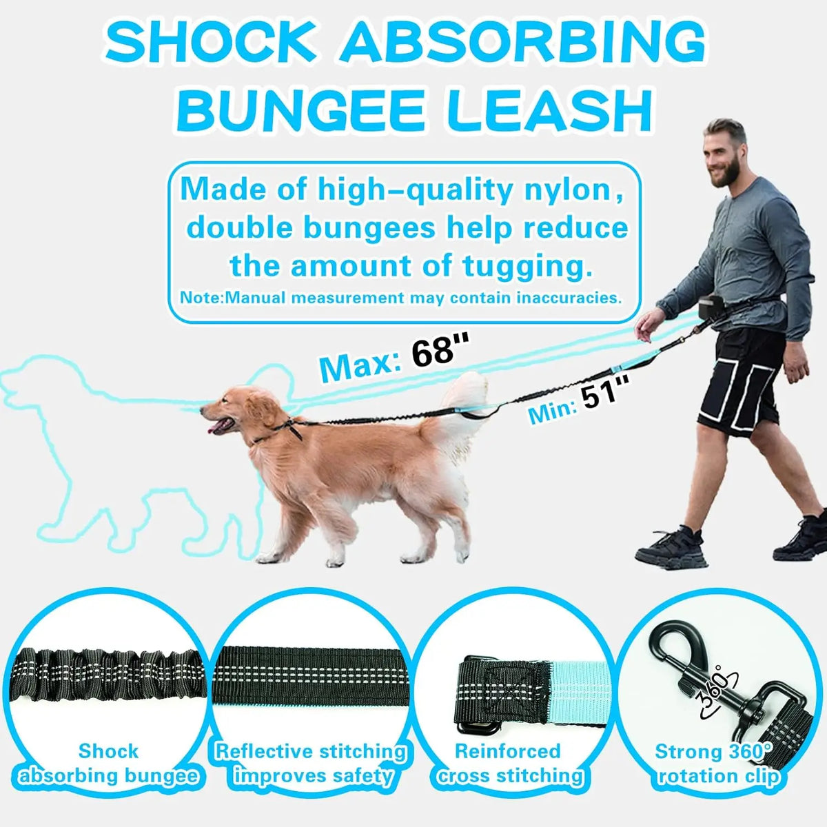 Lesă de Alergare Hands-Free pentru Câini Medii și Mari – Bungee Absorbant de Șoc, Buzunar cu Fermoar