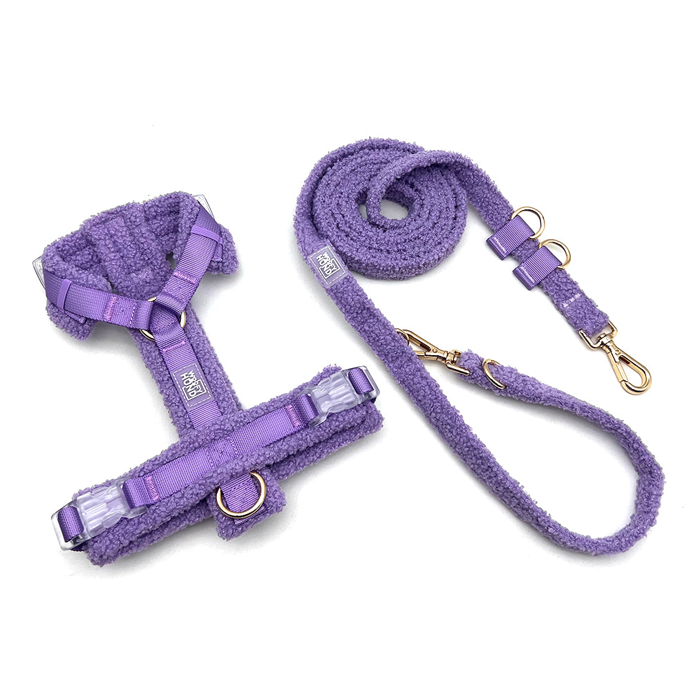 Set ham Teddy pentru câini – material plușat, violet lavandă, lesă 240 cm