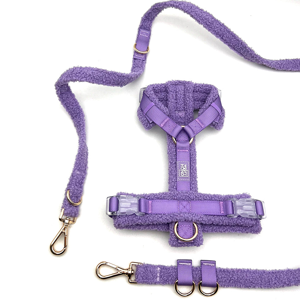 Set ham Teddy pentru câini – material plușat, violet lavandă, lesă 240 cm