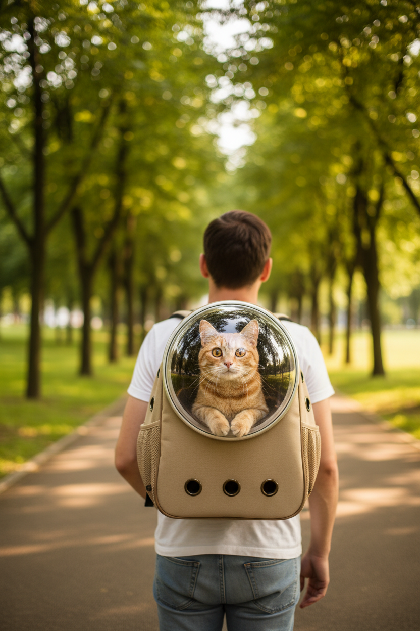 Pisică în rucsac capsulă spațială transparentă, în parc